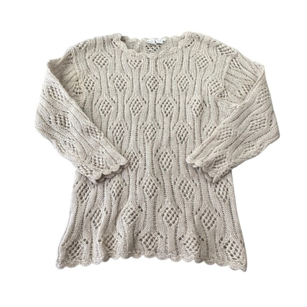 Clifford & Willis Mohair Blend Open Knit Pointelle Sweater Scalloped Beige Small